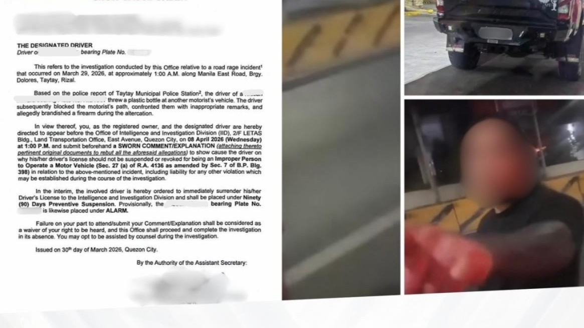 LTO summons motorist who pulled out gun in Taytay road rage 