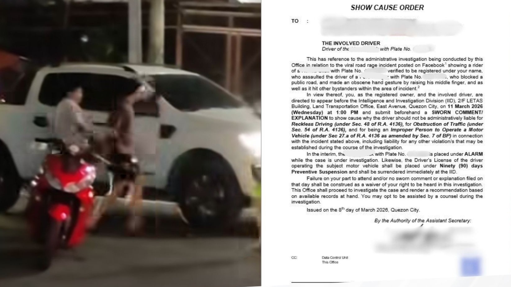 LTO summons motorcycle rider in viral road rage incident