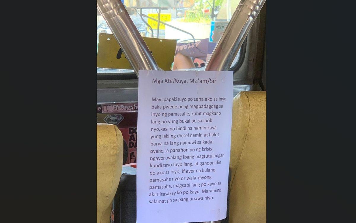 A jeepney driver in Zambales posted this appeal to his passengers