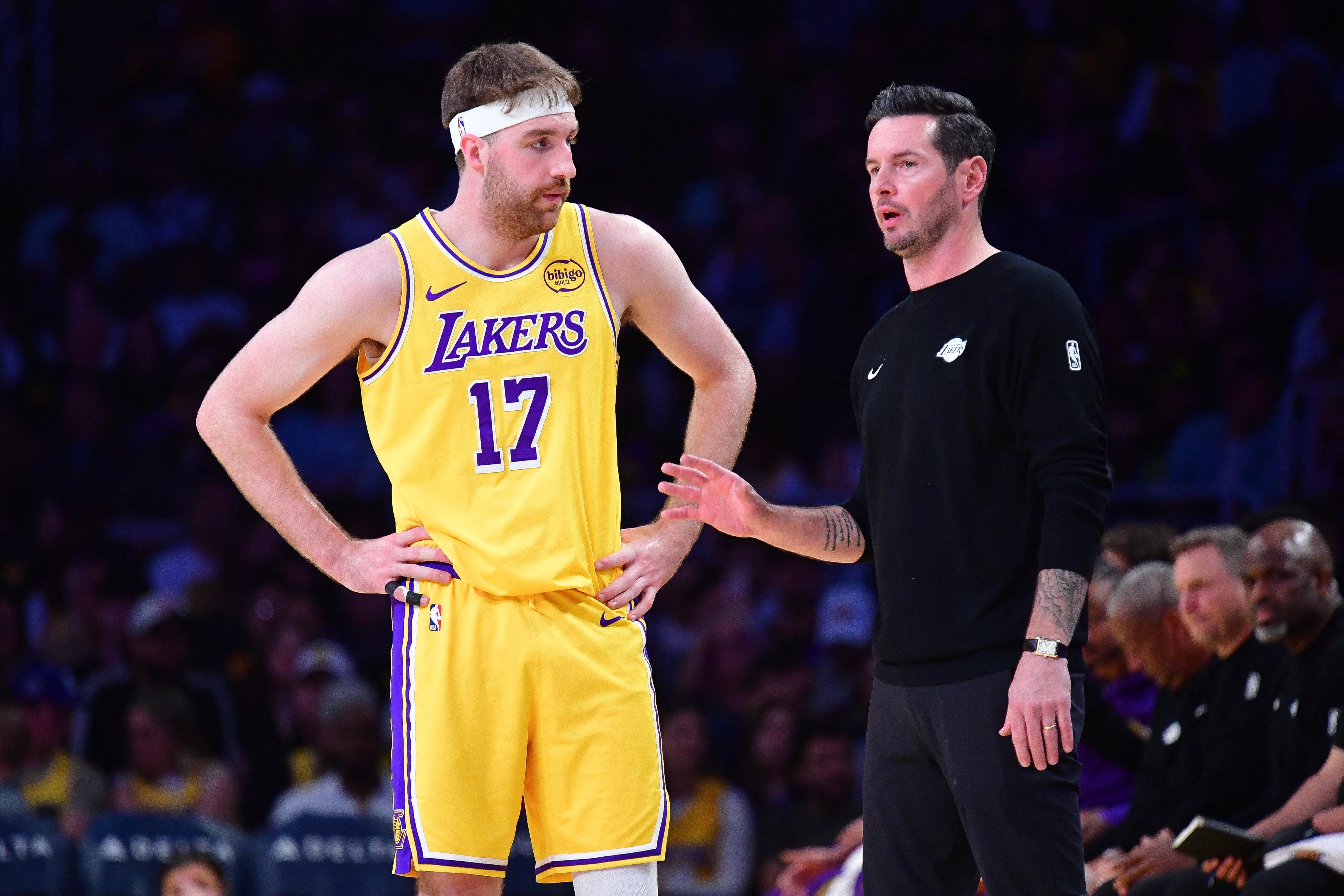 NBA: Head coach JJ Redick and Drew Timme of the Los Angeles Lakers