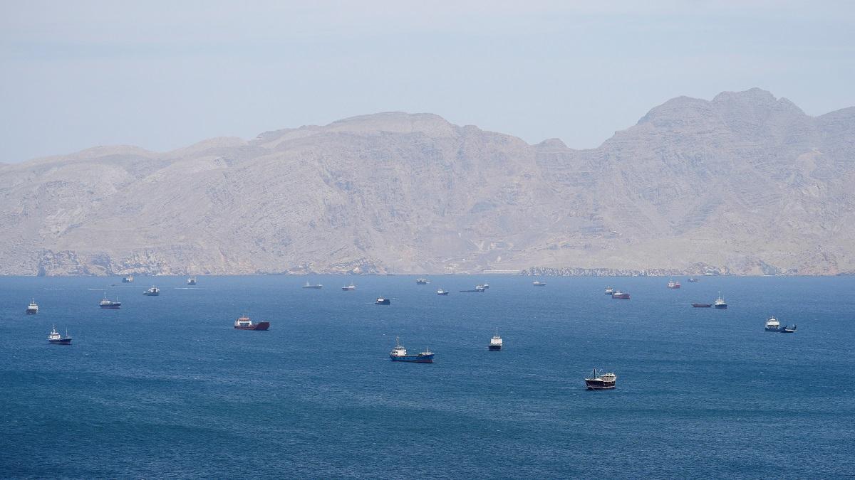 Vessels are seen in the Strait of Hormuz from Musandam, Oman