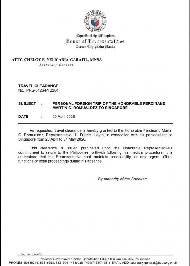Speaker Dy had granted Romualdez's request for clearance to travel to Singapore.