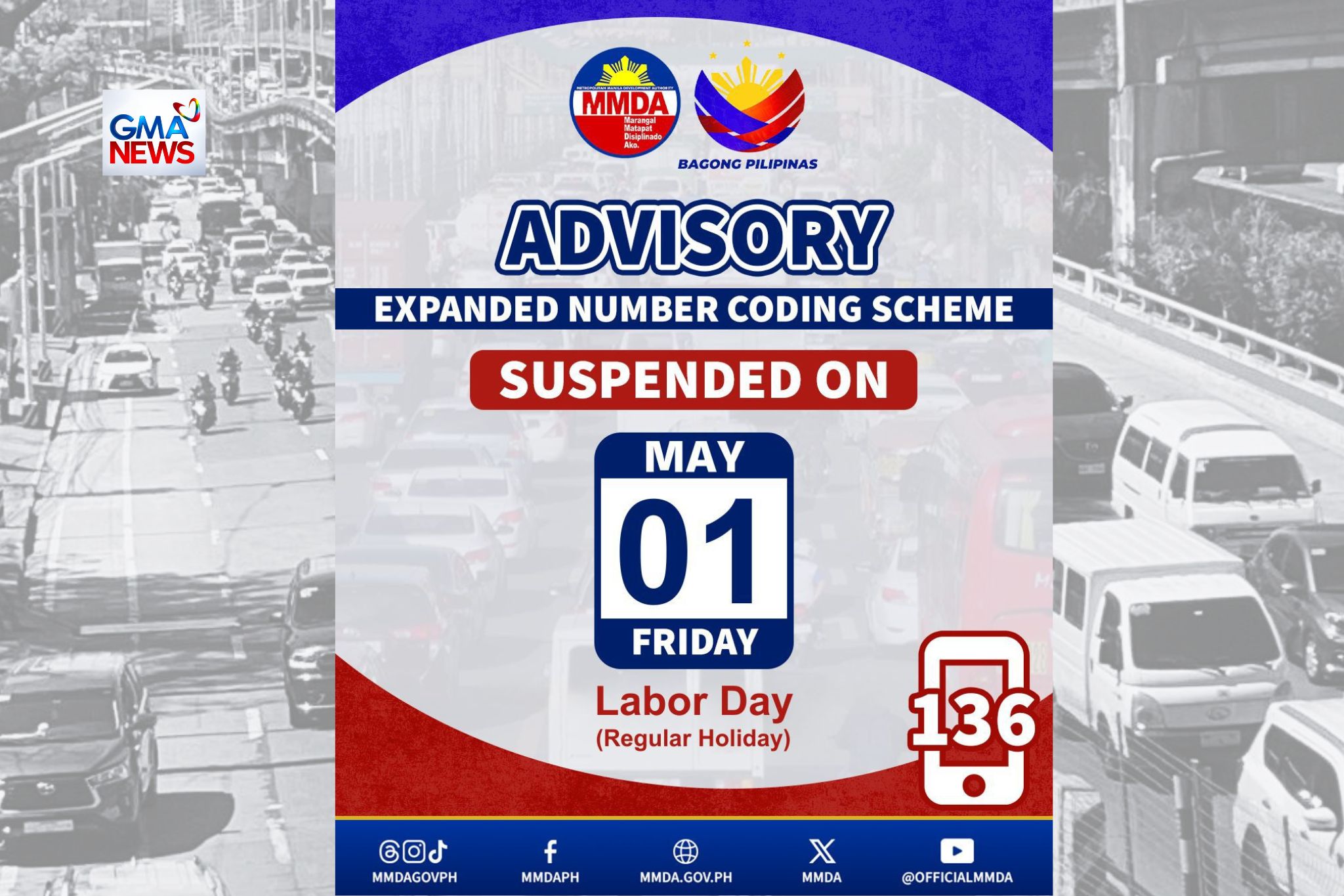MMDA suspends number coding on May 1, 2026 for Labor Day
