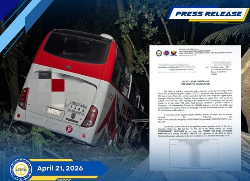 LTFRB issues SCO vs. bus company involved in fatal Quezon crash