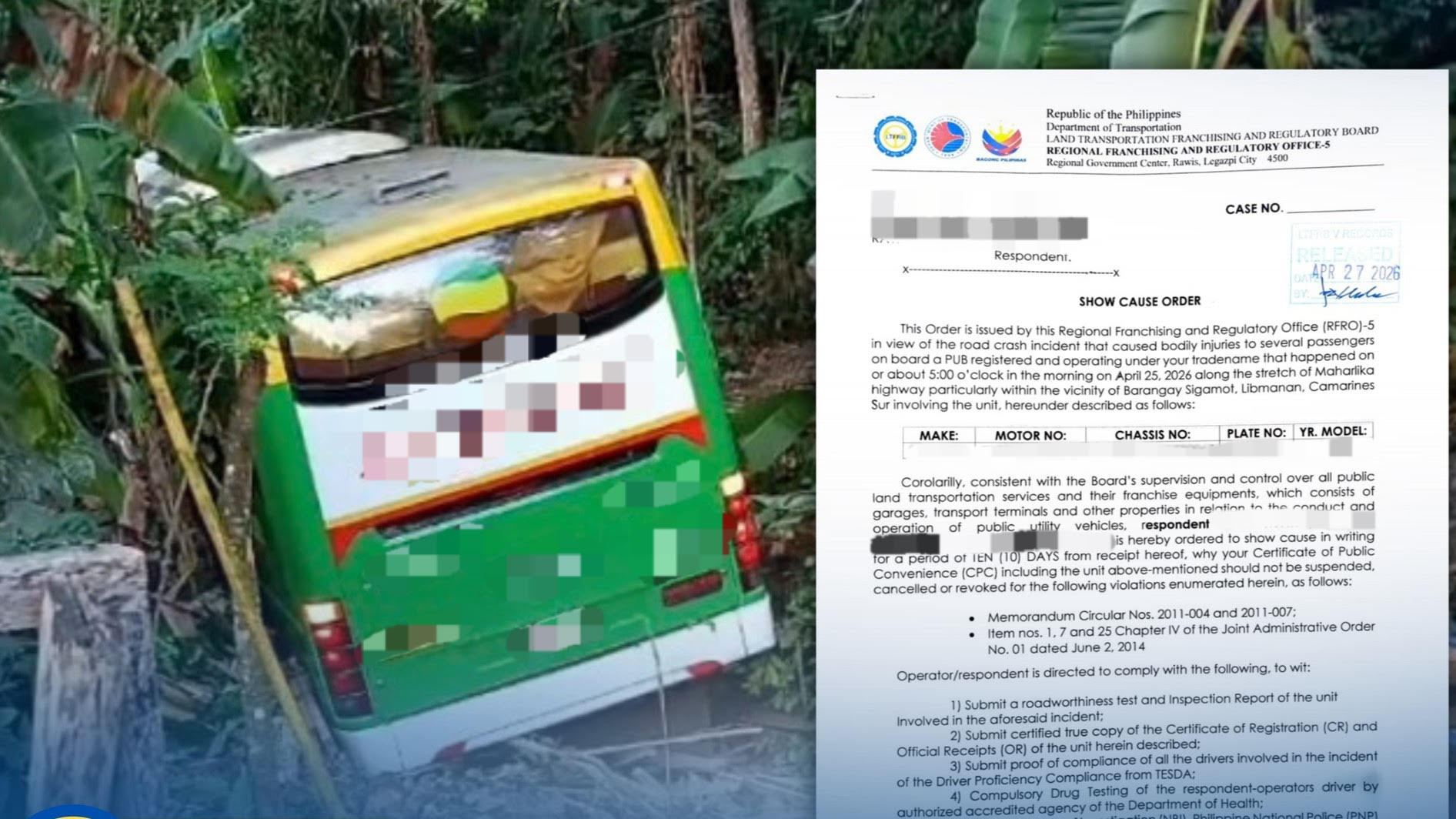 LTFRB summons operator of bus in Camarines Sur mishap