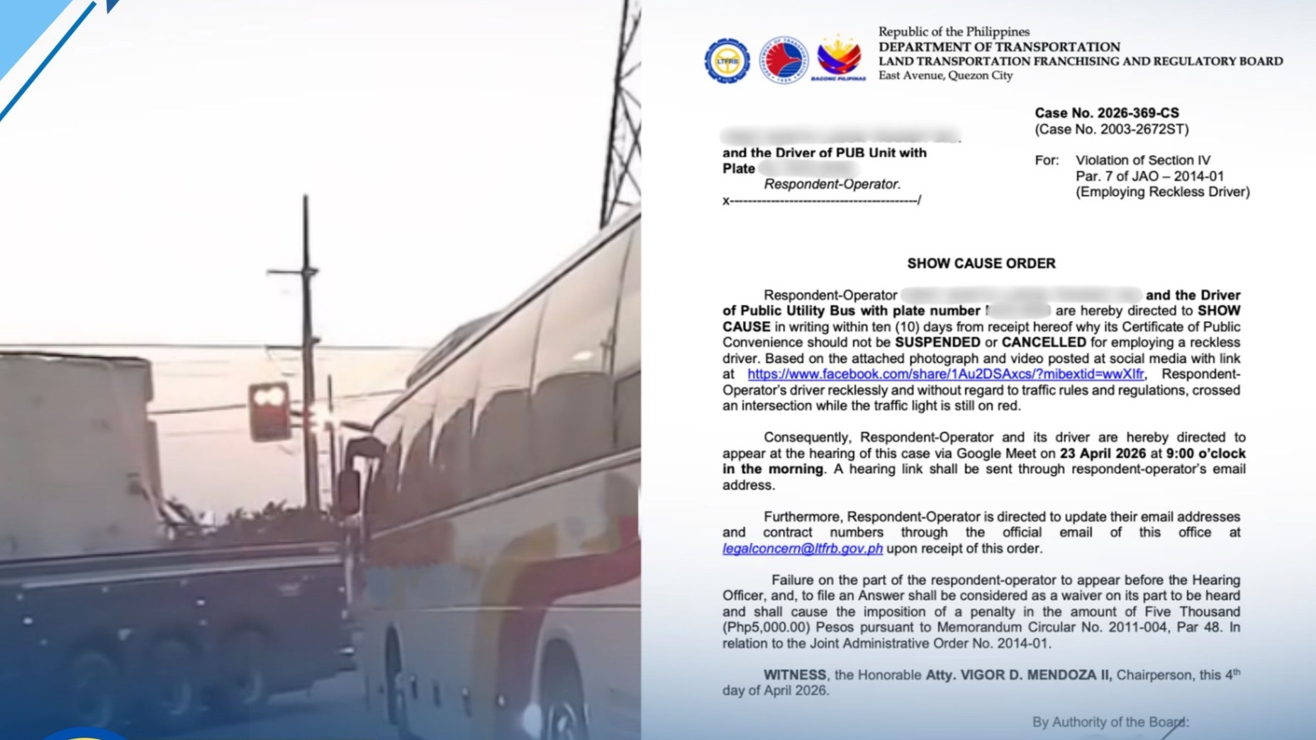 LTFRB summons viral bus driver who ignored red traffic light