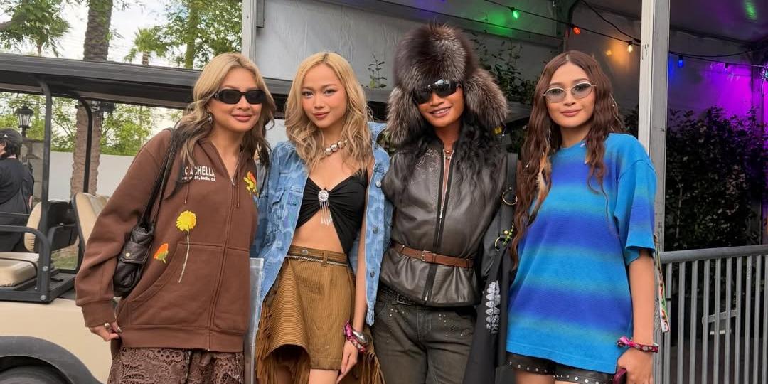 At Coachella, Bretman Rock poses with BINI's Colet, Gwen, Jhoanna