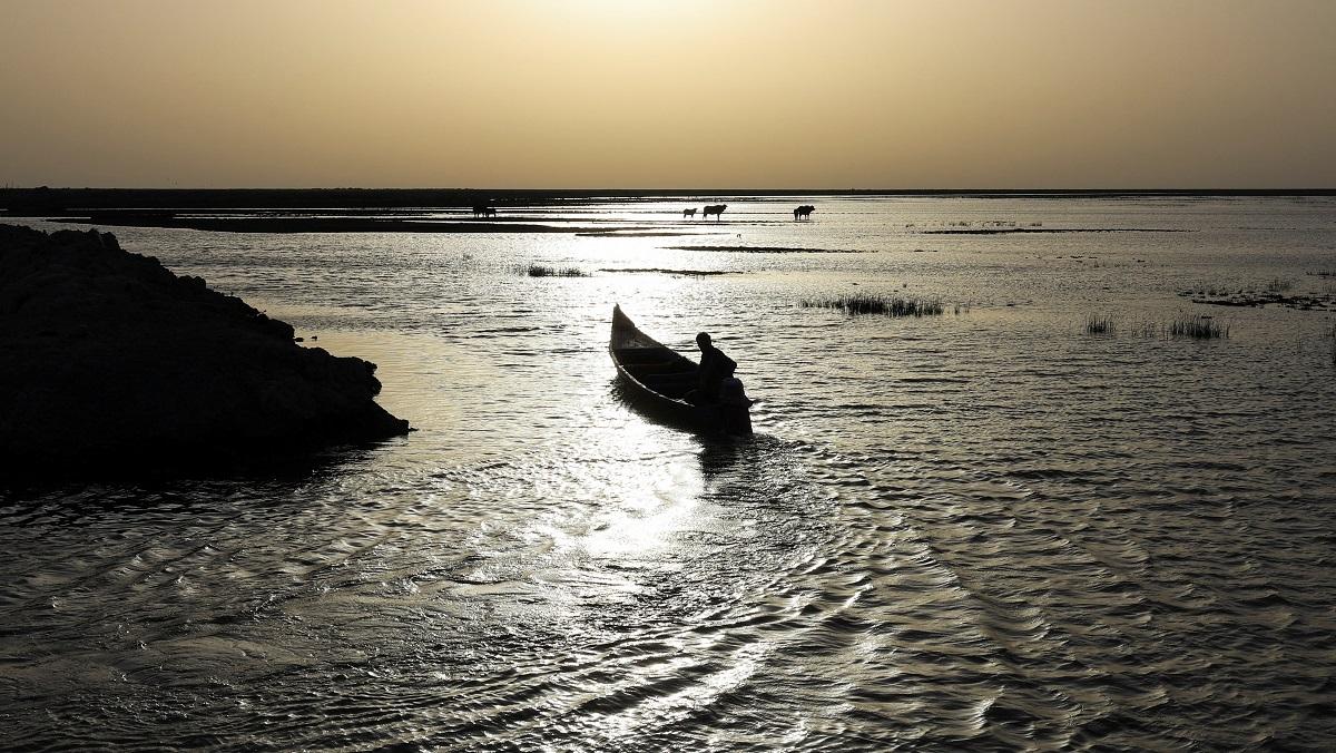 A drone view shows a boat moving through water channels amid vegetation at the Chibayish marshes in Dhi Qar province, Iraq, May 7, 2026. REUTERS/ Thaier Al-Sudani