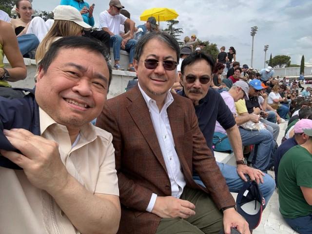 Officials of the Philippine Embassy in Rome show their support for Alex Eala during the 2026 Italian Open. (from left to right) Consul General Randy Arquiza, Ambassador Neal Imperial, and Philippine Chamber of Commerce in ItaIy (PCCI) Chairman Dennis Carrascoso.