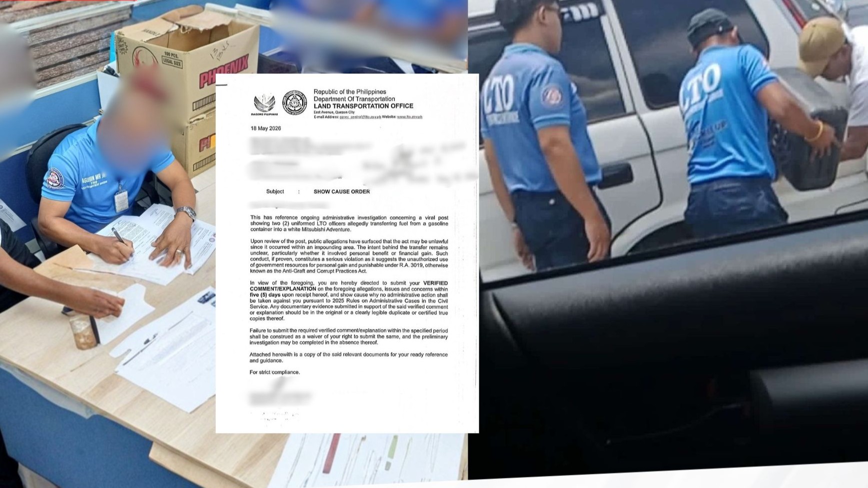 LTO probing 2 enforcers for transferring gas to vehicle in impounding area