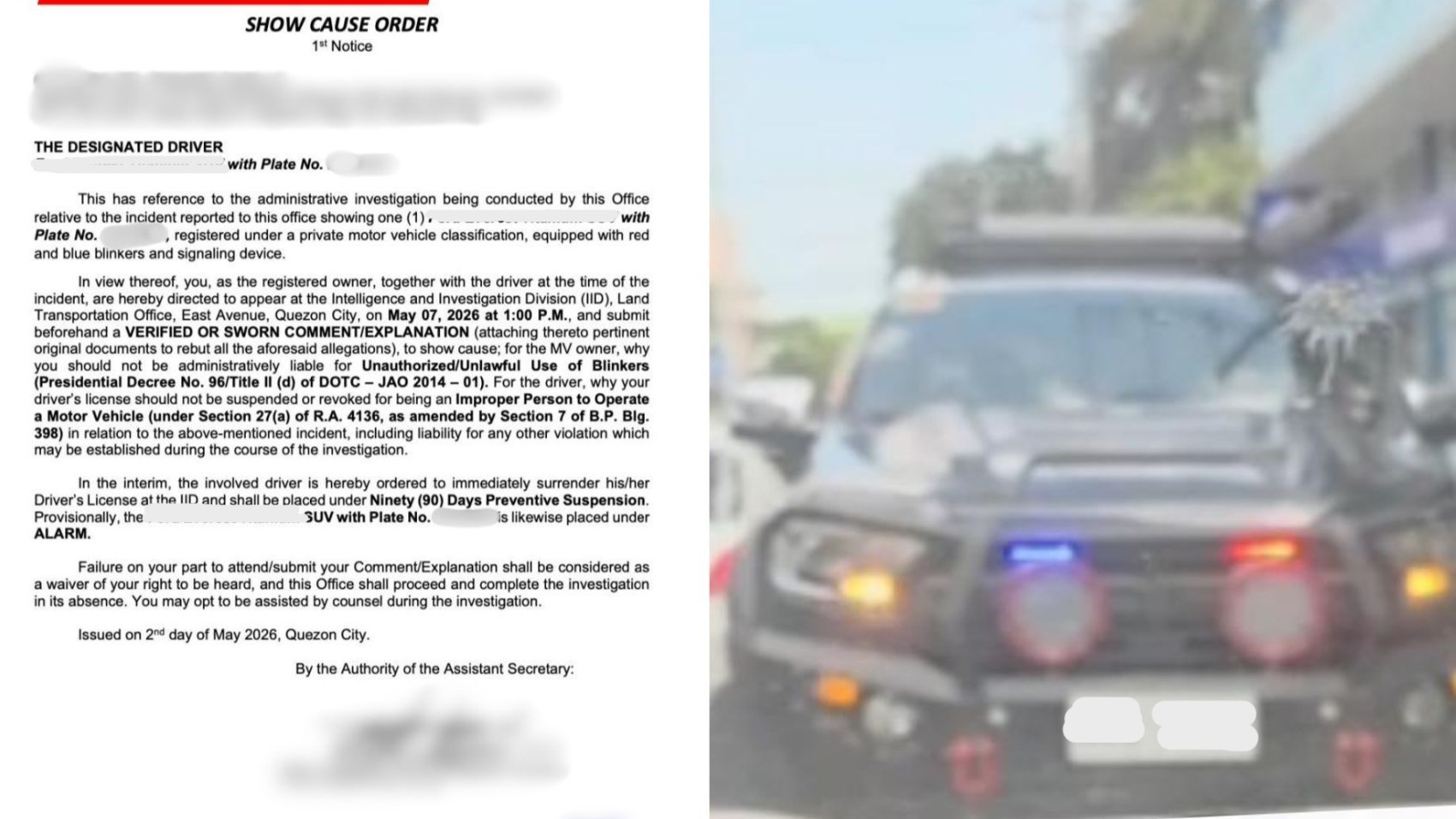 LTO summons driver of SUV over use of illegal blinkers