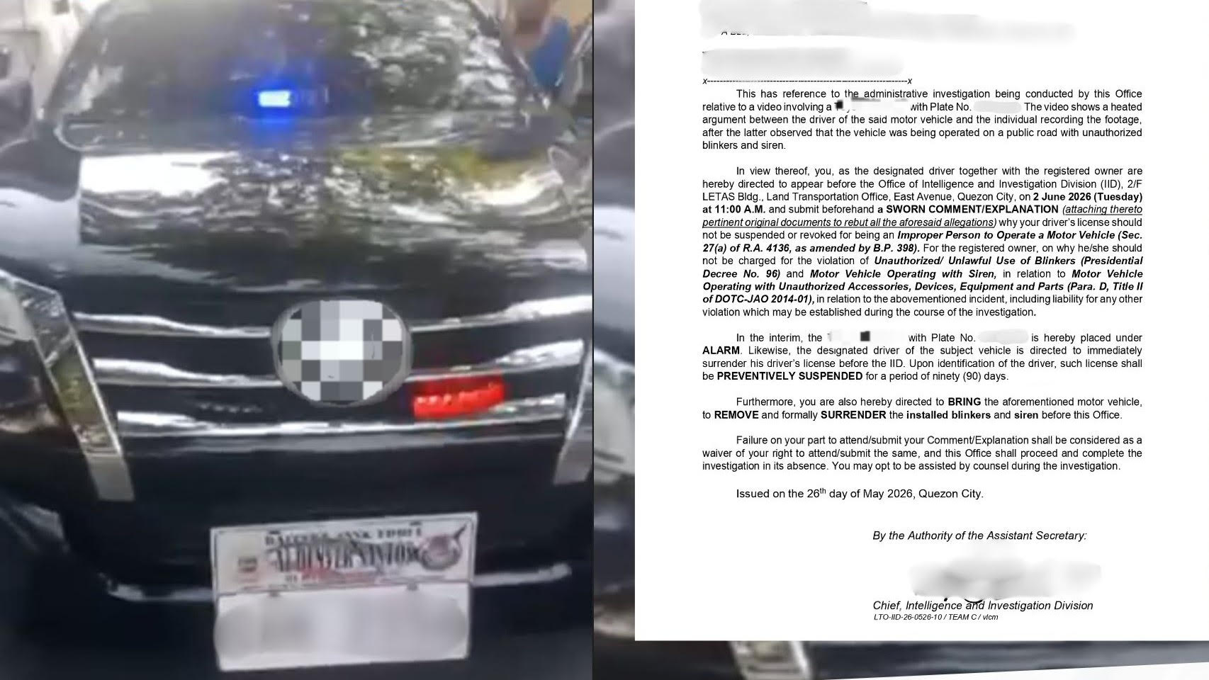 LTO summons driver of SUV for using unauthorized blinkers, sirens