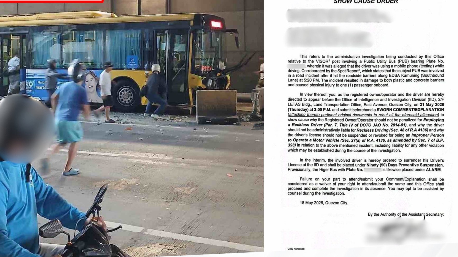 LTO summons bus driver in EDSA Busway crash for using phone while driving 