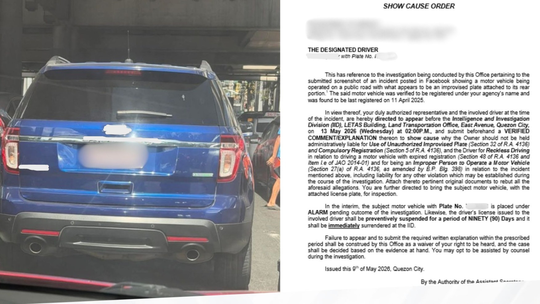LTO calls out gov’t agency for its SUV that used improvised red plate