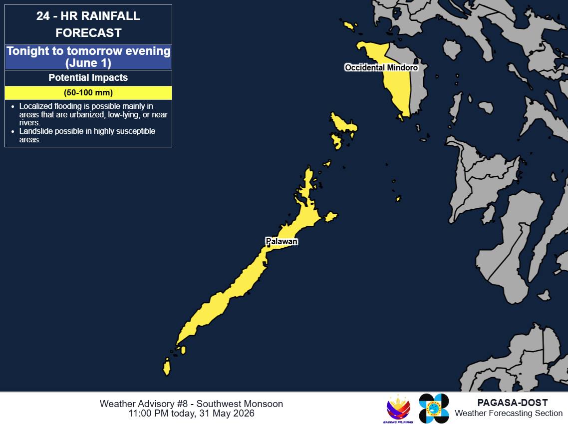 Habagat to bring heavy rainfall over Palawan, Occidental Mindoro 