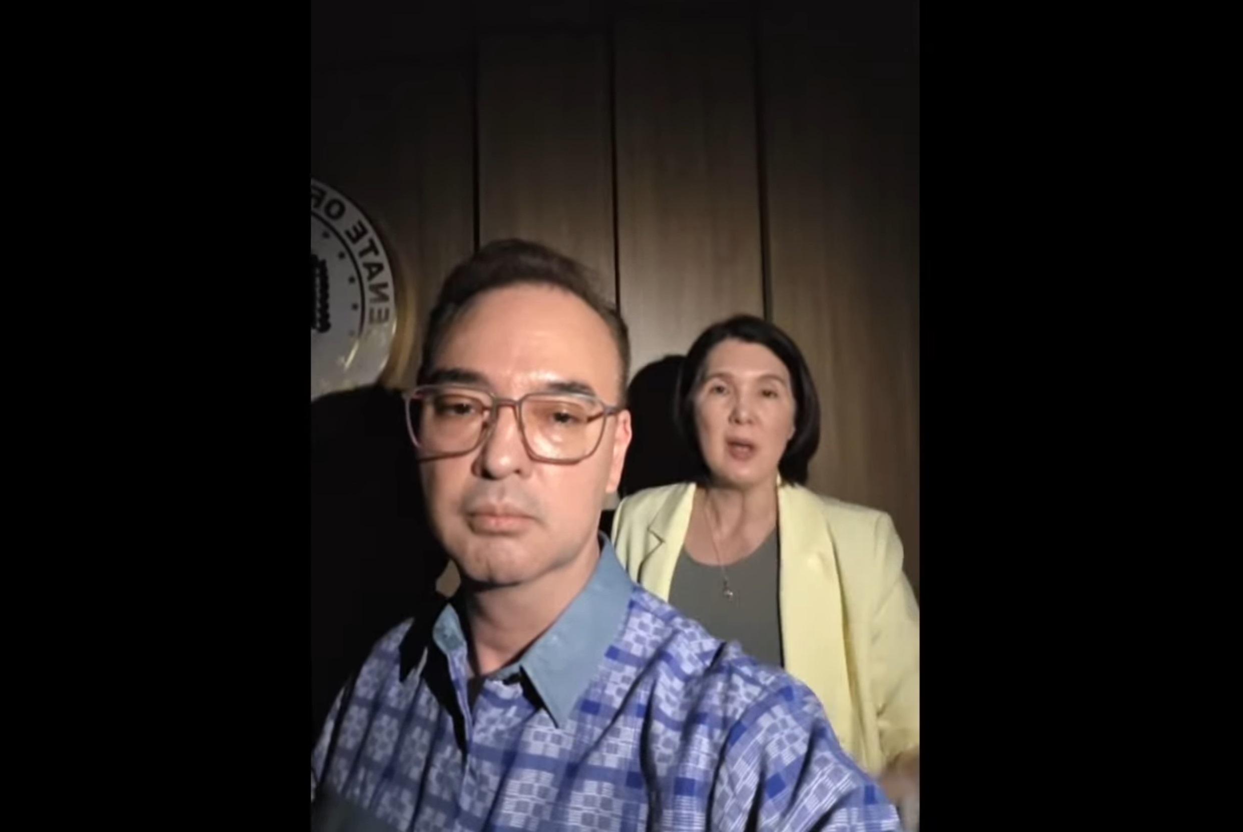 Senate President Alan Peter Cayetano and Senator Pia Cayetano in a video message at the Senate on May 13, 2026
