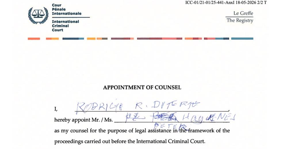 ICC Registry formalizes appointment of new counsel for Duterte