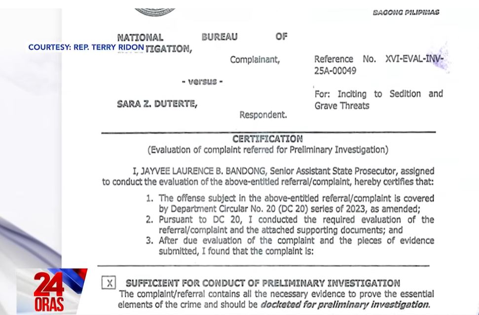 NBI affidavit recommends charges vs. VP Sara for grave threat, sedition