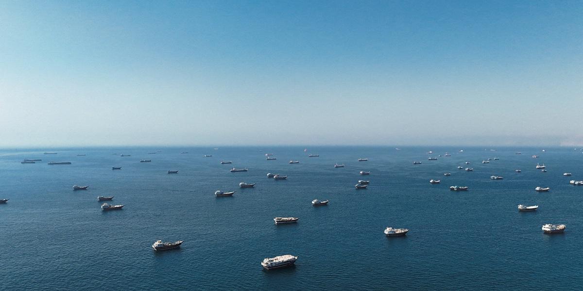 A drone view shows vessels at the Strait of Hormuz, as seen from Musandam, Oman