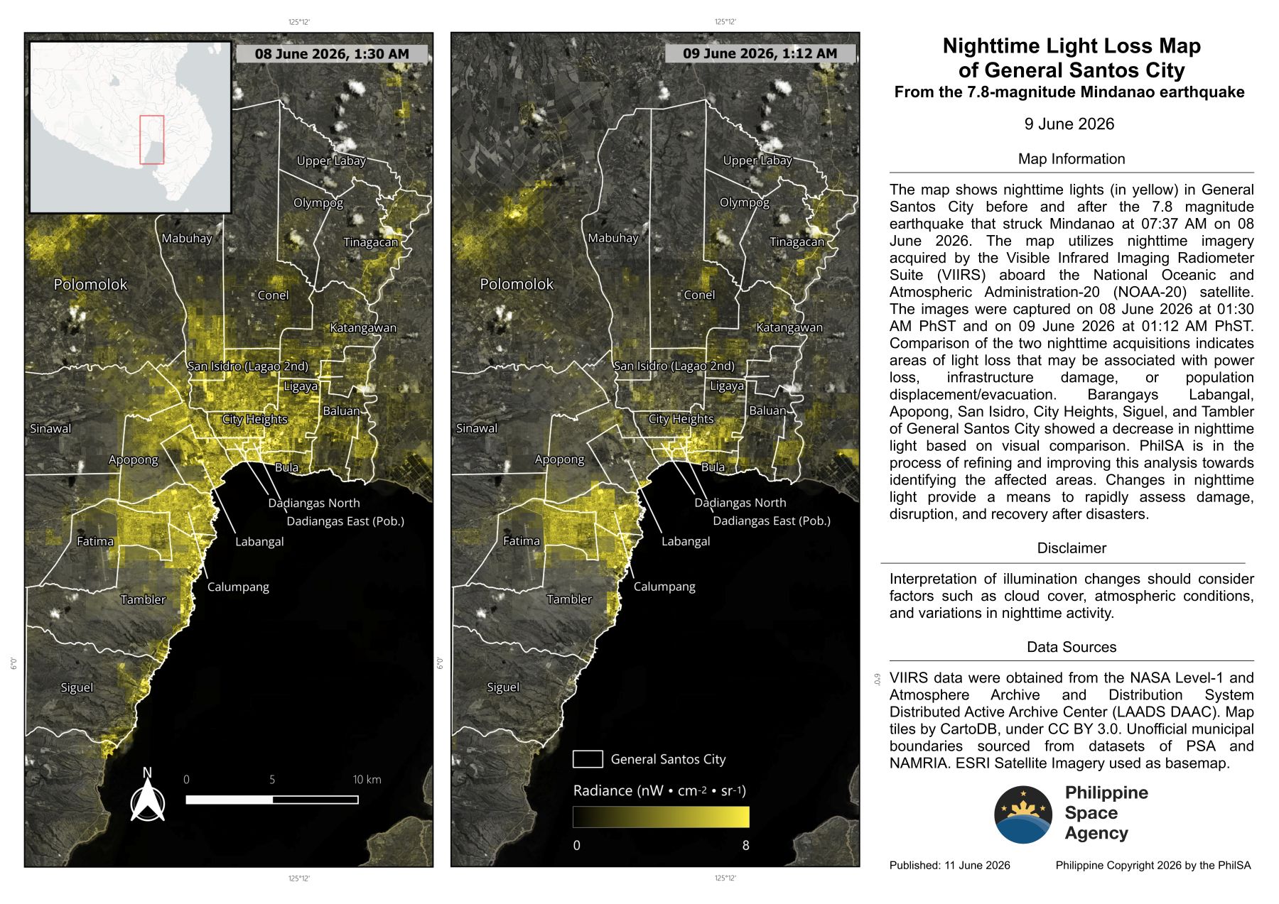 Nighttime brightness declined in parts of Mindanao following earthquake - PhilSA