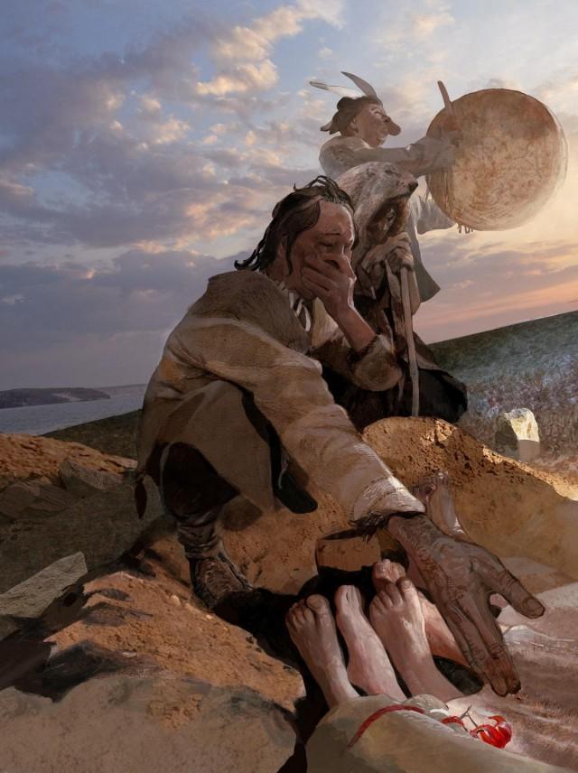 An artist's reconstruction of hunter-gatherers in the vicinity of Lake Baikal in Siberia from about 5,500 years ago burying people who died of plague, seen in this image released on June 17, 2026. Kelvin Wilson/ Handout via REUTERS