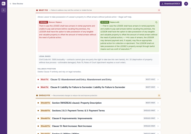 Contract Review returns a redlined document with tracked changes, each finding tied to its legal basis.