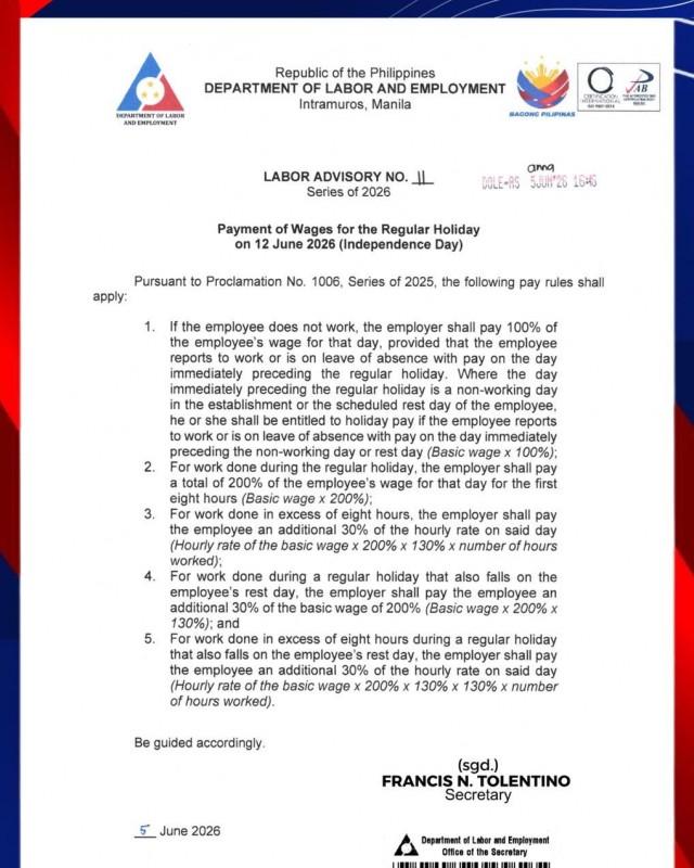 The holiday pay rules for June 12, 2026, Independene Day as provided for in Labor Advisory 11, series of 2026. (Photo from Department of Labor and Employment website)
