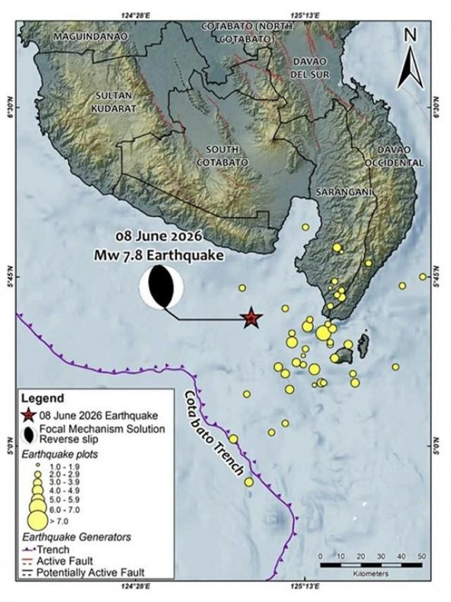 Plot of magnitude 7.8 earthquake offshore Sarangani and aftershocks