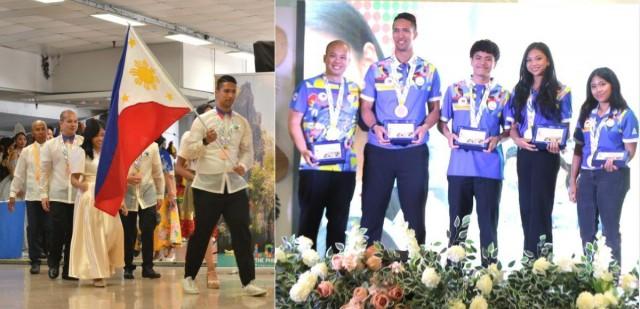 Filipino-Italian athletes honored. Left photo: Agostino Teofilo Alfieri proudly carries the Philippine flag during the parade. Right photo: Kyle Lanting, Agostino Teofilo Alfieri, Clayton John Lanting, Jasmine Althea Ramilo, and Arriane Angela Paz during the recognition ceremony. PIA GONZALEZ ABUCAY