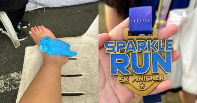 L-R: The author icing her ankle at the medic station right before the finish line. The medal felt like a real reward 