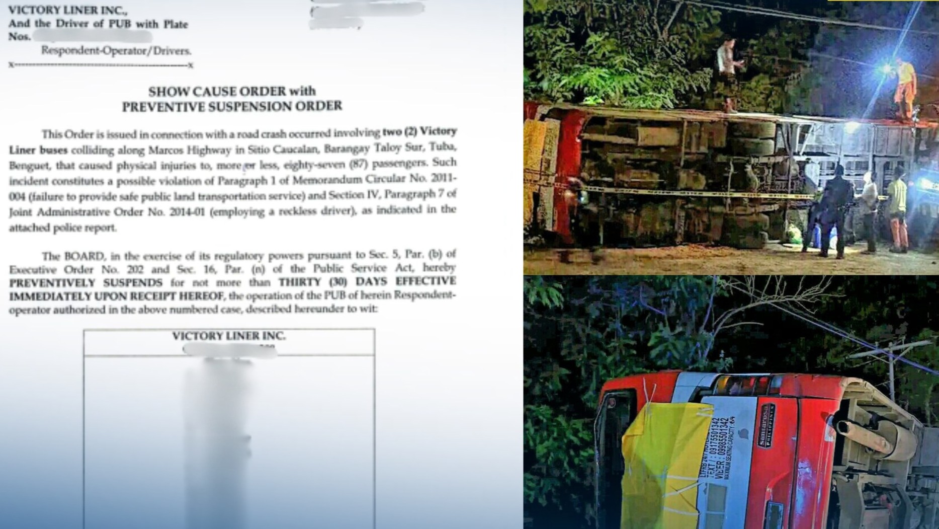 LTFRB suspends operations of 26 Victory Liner buses after Benguet crash