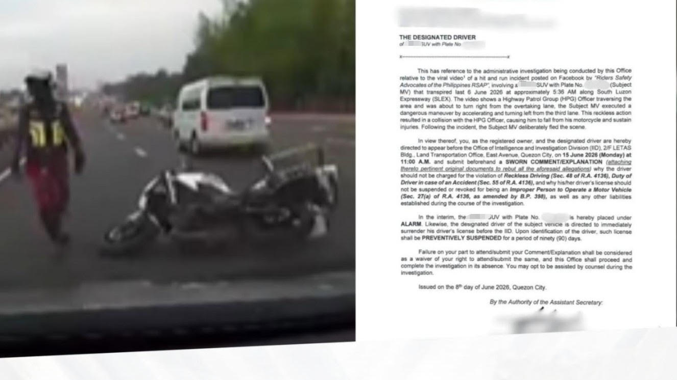 LTO summons SUV driver in SLEX hit-and-run for abandoning HPG cop, reckless driving