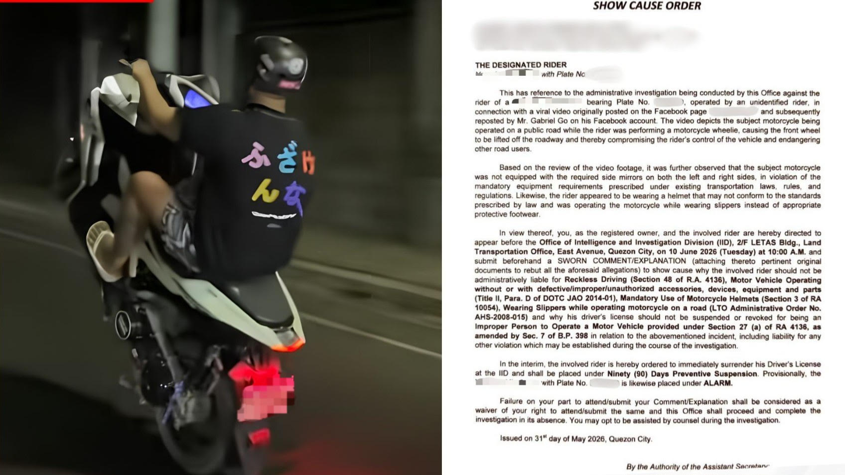 LTO summons motorcycle rider in viral ‘wheelie’ video 