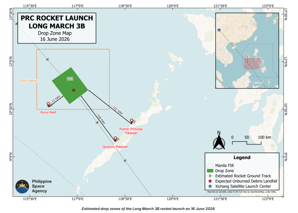 PhilSA warns of debris from Chinese rocket launch in parts of West Philippine Sea