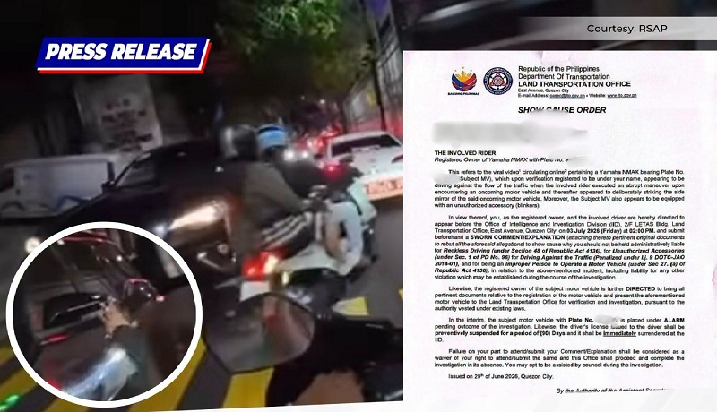 Rider na nag-counterflow at tinapik ang side mirror ng nakasalubong na SUV, pinagpapaliwanag ng LTO