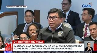 Sara Duterte impeachment trial Day 8: Matibag stands by 'threat' testimony, VP in The Hague