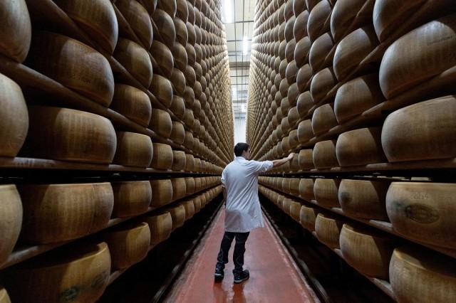 A quality inspector taps wheels of Parmigiano Reggiano cheese for hidden flaws at Credito Emiliano's cheese-backed lending facility, where recent heatwaves have pushed daily power use up about 30%, in Montecavolo di Quattro Castella, Italy, July 6, 2026. REUTERS/ Matteo Minnella
