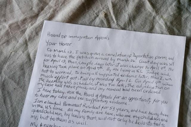 A handwritten letter by Dora Damatta-Rodriguez, a Panama-born lawful US permanent resident who voted in the 2016 US election and later faced deportation after being convicted of illegal voting, as the Trump administration expanded its crackdown on noncitizen voting, on a table at her home in San Carlos, Panama, July 6, 2026. REUTERS/ Enea Lebrun