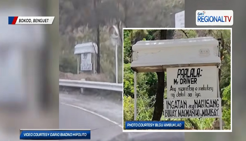 Kabaong, ginamit na road warning sign sa Benguet-Nueva Vizcaya Road