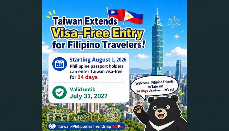Visa-free entry para sa mga Pinoy na pupunta sa Taiwan, extended hanggang July 2027