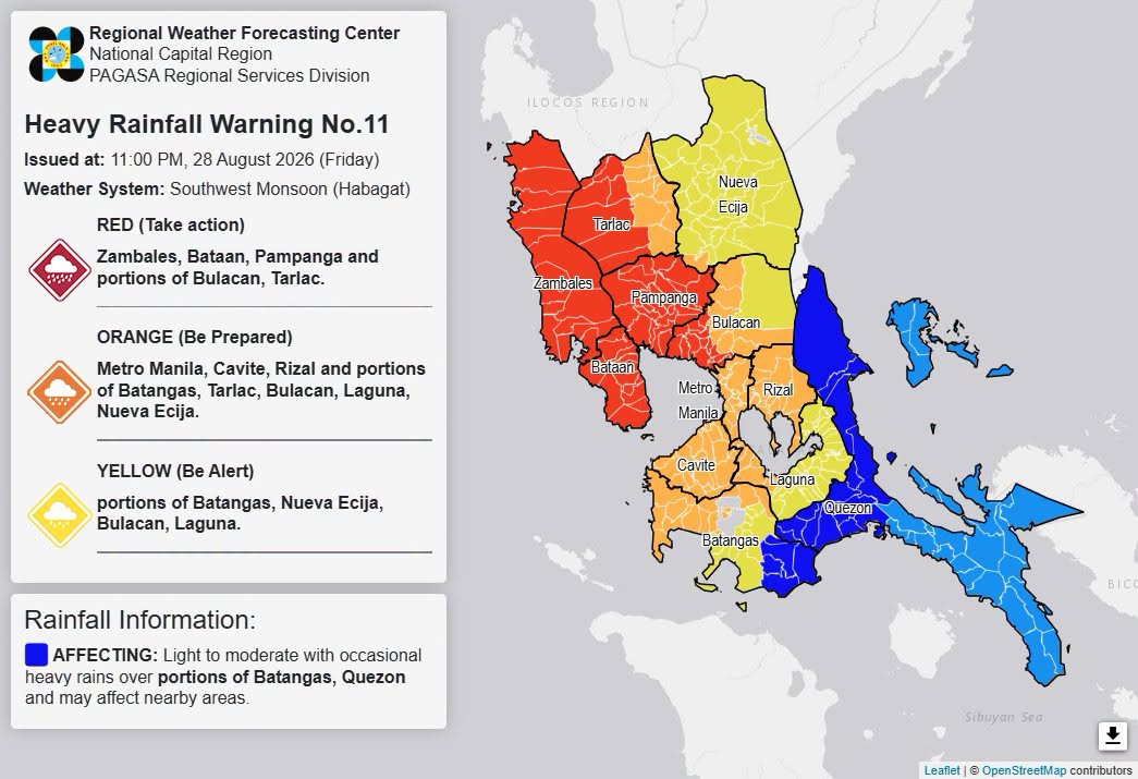 RAINFALL ALERT: Red in Zambales, Bataan, Pampanga, 2 other areas (Friday, 11 p.m.)