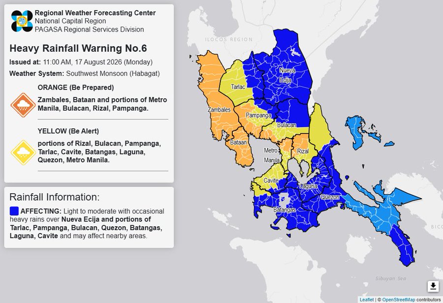 RAINFALL ALERT: Orange in Metro Manila, 5 Luzon areas (Monday, 11 am)