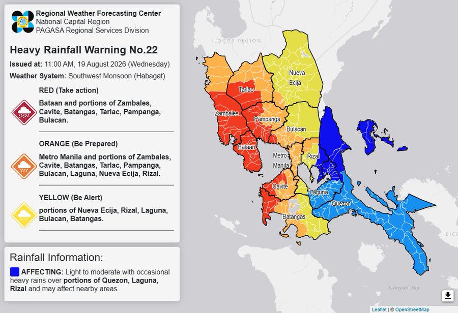 RAINFALL ALERT: Red in Bataan, 6 areas; Orange in Metro Manila, 9 areas; Yellow in 5 areas (Wednesday, 11 am) 