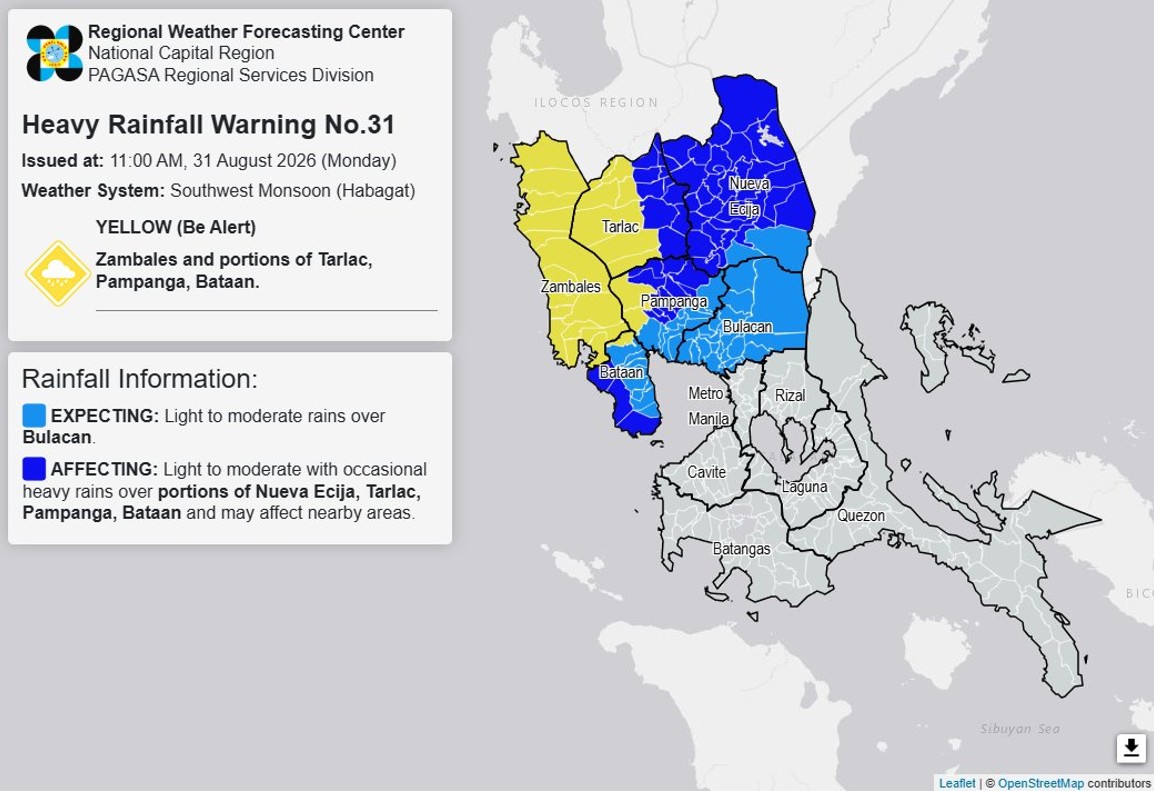 PAGASA heavy rainfall warning on August 31, 2026 at 11 a.m.