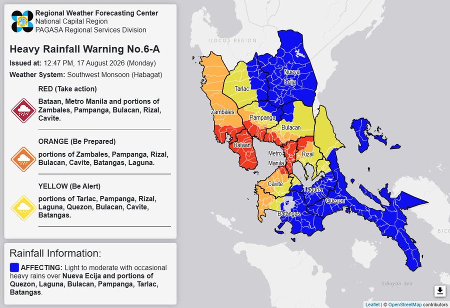 RAINFALL ALERT: Red in Metro Manila, 6 Luzon areas (Monday, 12:47 pm)