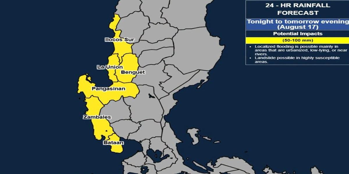 Heavy rainfall expected over 6 areas in Luzon on Sunday evening — PAGASA