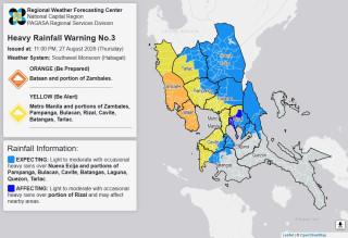 RAINFALL ALERT: Orange in Bataan, parts of Zambales; yellow in Metro Manila, nearby areas (Thursday, 11 pm)