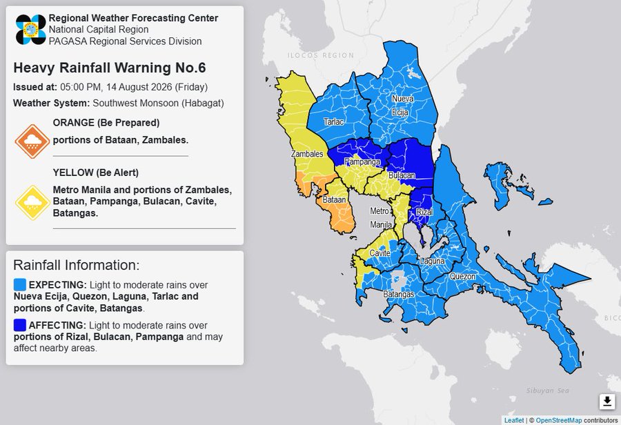 RAINFALL ALERT: Orange in Bataan, Zambales; Yellow in Metro Manila, 6 areas (Friday, 5 pm)