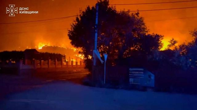 Fire burns after a Russian drone strike on a Kyiv-area warehouse sparked a detonation, according to officials, in a location given as Myla, Kyiv Region, Ukraine, in this screen grab obtained from a handout video released August 29, 2026. State Emergency Service Of Ukraine/ Handout via REUTERS
