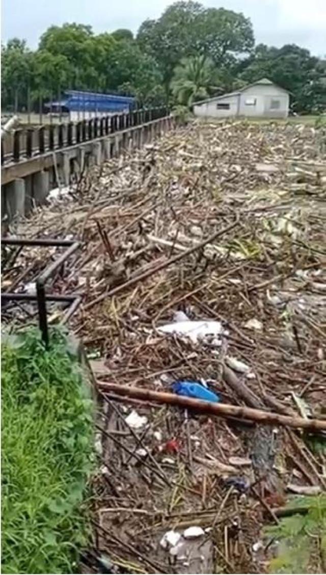 Massive logs and other debris clos the floodgate of Sto. Cristo Dam.